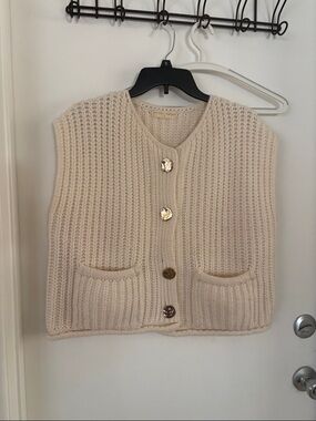 Cream Knit Button-Front Sweater Vest with Pocket Detail